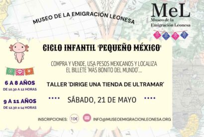 Cartel con información sobre el taller infantil en el Museo de la Emigración Leonesaq