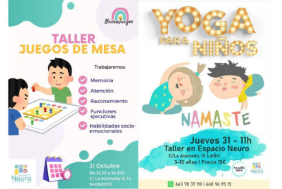 Cartel del taller de juegos de mesa y del taller de yoga con niños