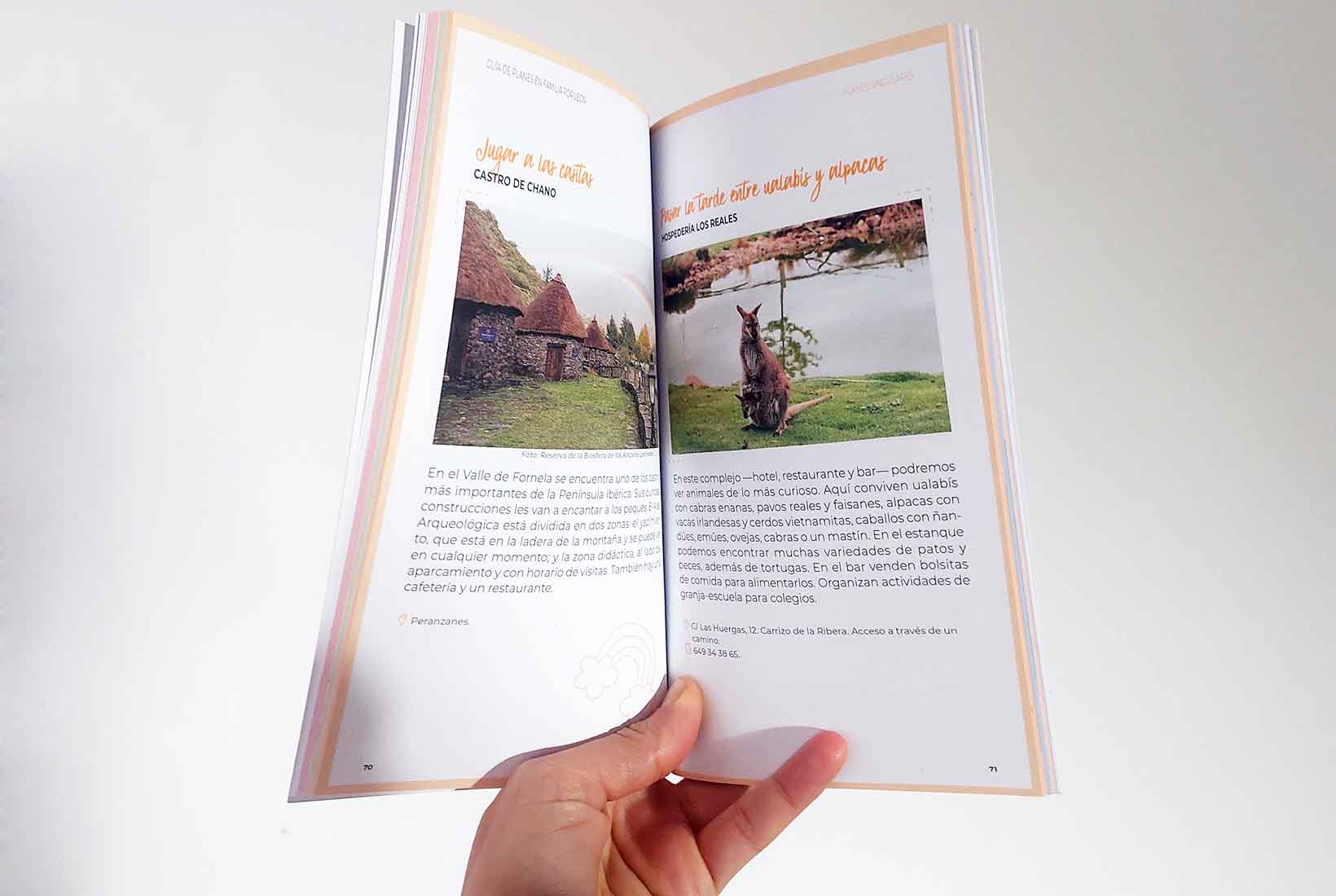Páginas interiores de la Guía de Planes en Familia por León en la que aparecen dos propuestas: jugar a las casitas y pasar la tarde entre ualabís y alpacas con dos imágenes.